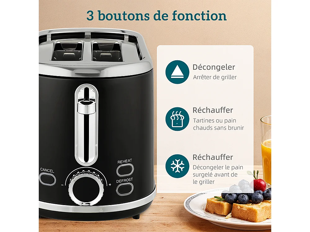 Grille-pain Ensemble bouilloire en acier inoxydable 1,7 L et 2200 W et grille-pain à 2 tranches Noir
