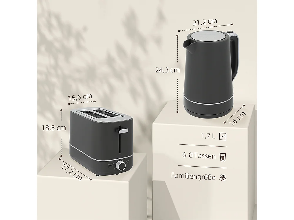 Set de grille-pain et bouilloire de 1,7 L avec 6 niveaux de brunissage Gris