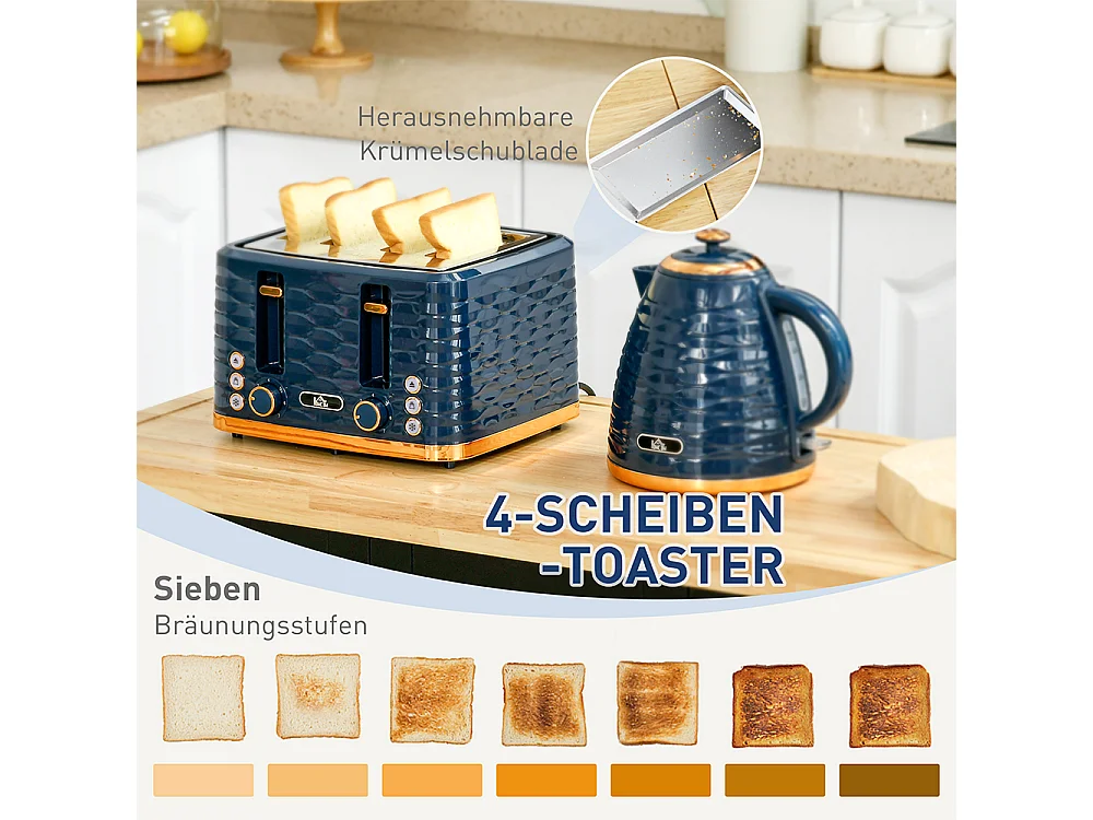 Set de grille-pain et bouilloire 2 en 1 1,7 L 4 tranches de toast simultanément Bleu