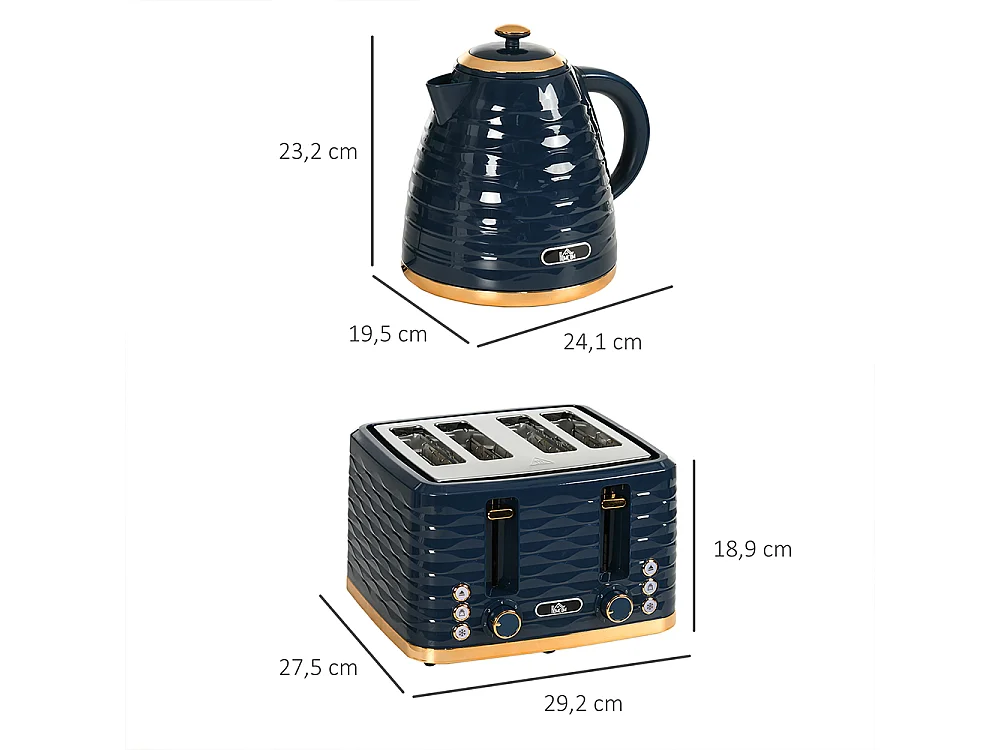 Set de grille-pain et bouilloire 2 en 1 1,7 L 4 tranches de toast simultanément Bleu