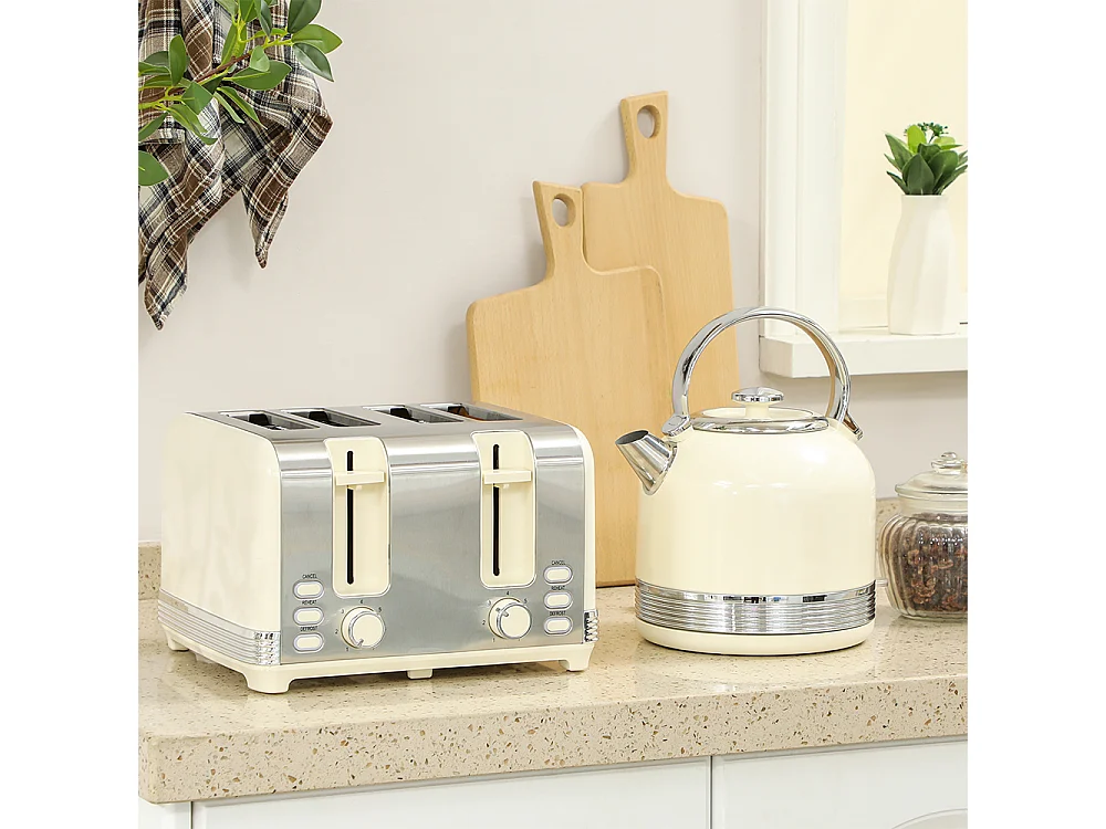 Grille-pain Ensemble bouilloire en acier inoxydable 1,7 L et 2200 W et grille-pain à 4 tranches beige crème