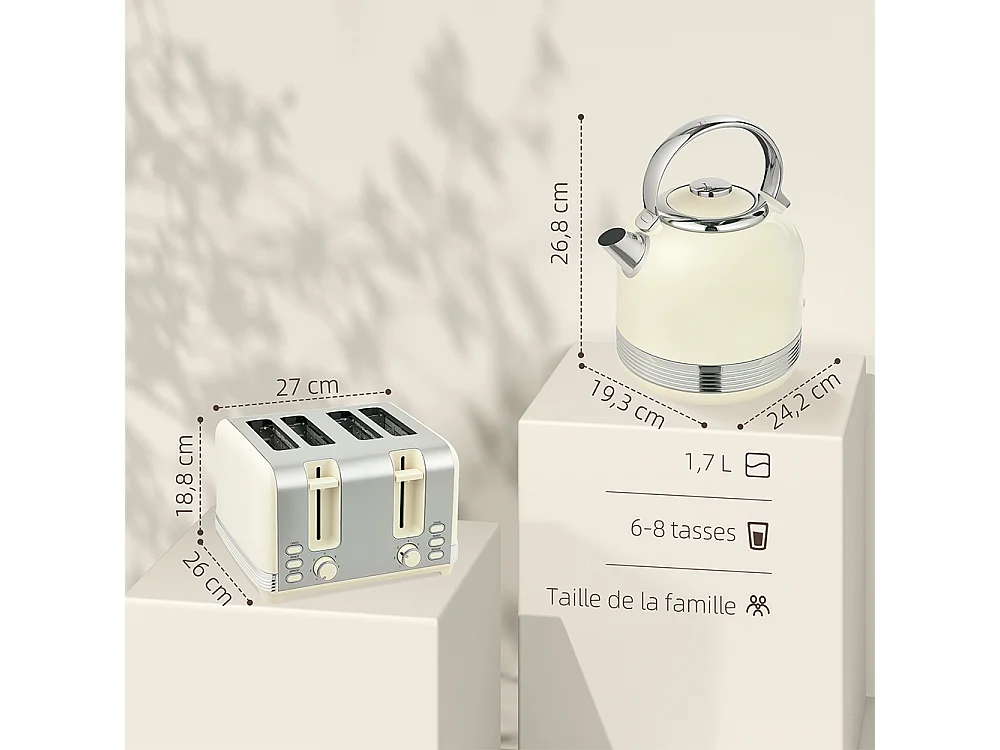 Grille-pain Ensemble bouilloire en acier inoxydable 1,7 L et 2200 W et grille-pain à 4 tranches beige crème