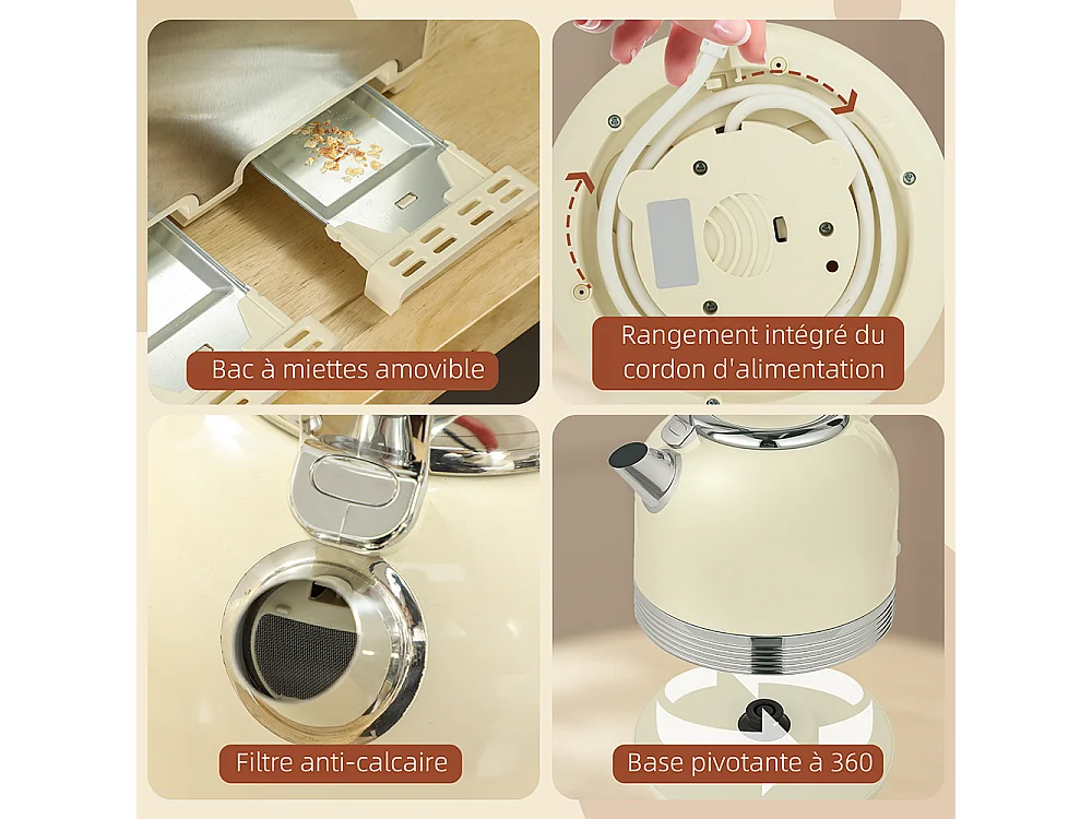 Grille-pain Ensemble bouilloire en acier inoxydable 1,7 L et 2200 W et grille-pain à 4 tranches beige crème