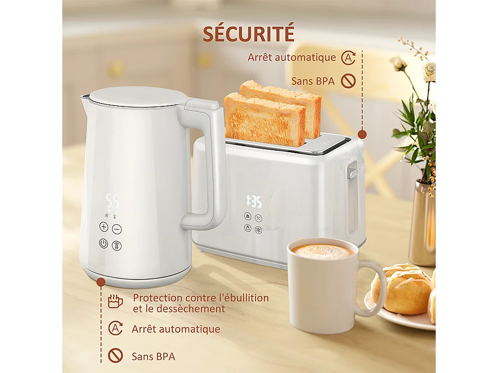 Grille-pain Ensemble bouilloire en acier inoxydable 1,5 L et 2200 W et grille-pain à 2 tranches crème