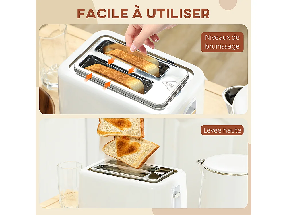 Grille-pain Ensemble bouilloire en acier inoxydable 1,5 L et 2200 W et grille-pain à 2 tranches crème