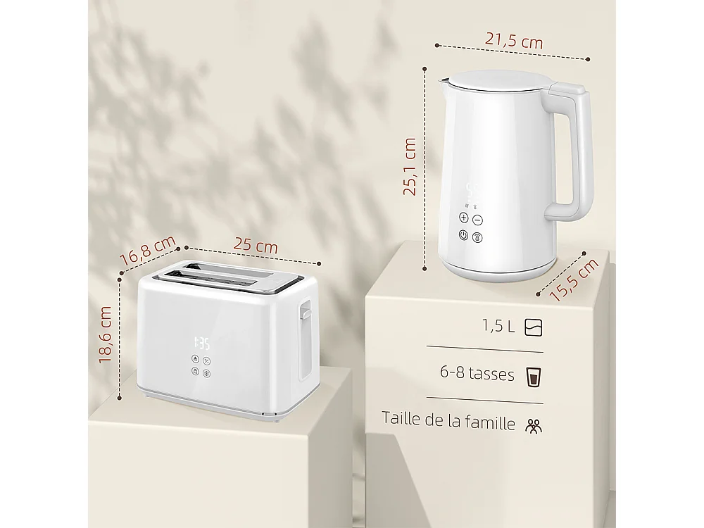 Grille-pain Ensemble bouilloire en acier inoxydable 1,5 L et 2200 W et grille-pain à 2 tranches crème