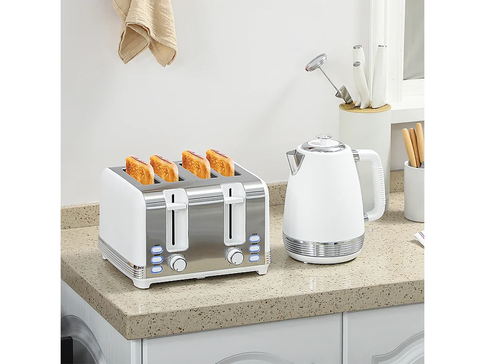 Grille-pain Ensemble bouilloire en acier inoxydable 1,7 L et 2200 W et grille-pain à 4 tranches Blanc
