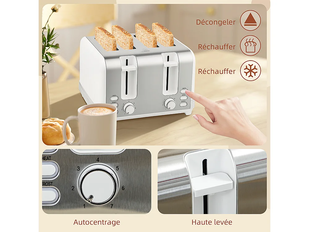 Grille-pain Ensemble bouilloire en acier inoxydable 1,7 L et 2200 W et grille-pain à 4 tranches Blanc