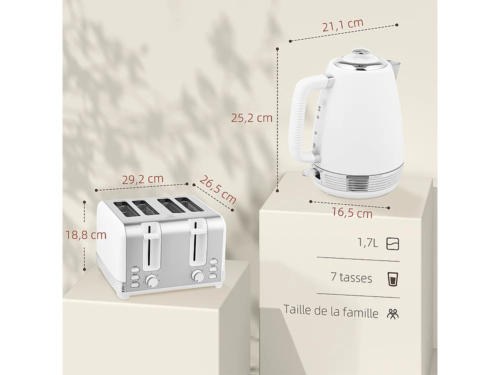 Grille-pain Ensemble bouilloire en acier inoxydable 1,7 L et 2200 W et grille-pain à 4 tranches Blanc