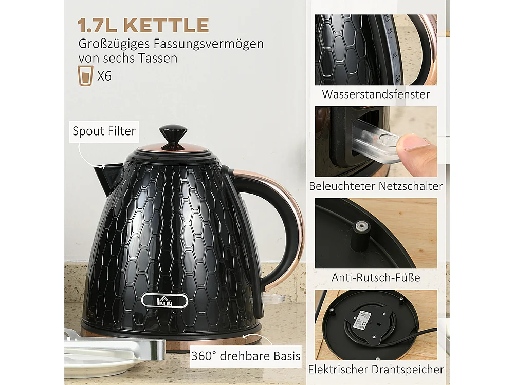 Set de grille-pain et bouilloire 2 en 1 1,7 L 4 tranches de toast simultanément Noir