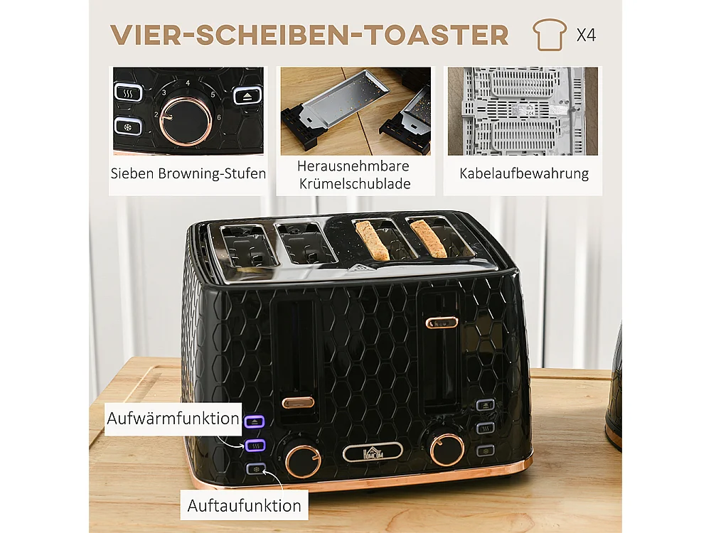 Set de grille-pain et bouilloire 2 en 1 1,7 L 4 tranches de toast simultanément Noir