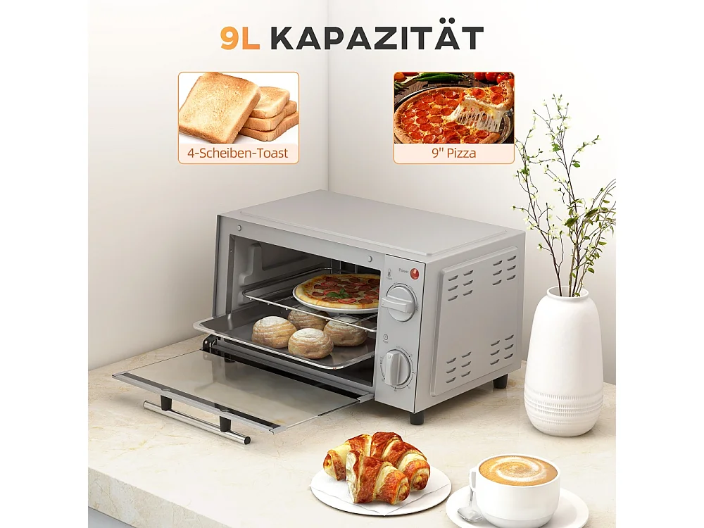 Mini four de 9 litres avec plaque de cuisson grille de cuisson température et temps de cuisson réglables acier inoxydable argent