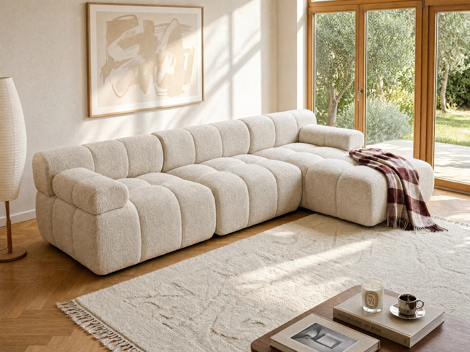 Canapé d'angle droit modulable en tissu chiné beige FACIVIL