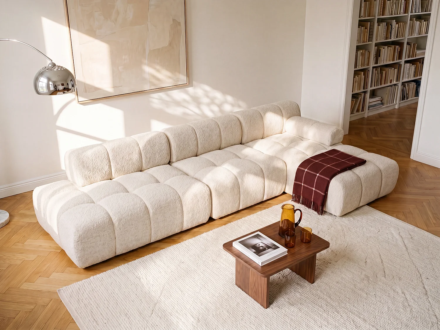 Divano angolare destro aperto modulabile in tessuto melange beige - FACIVIL