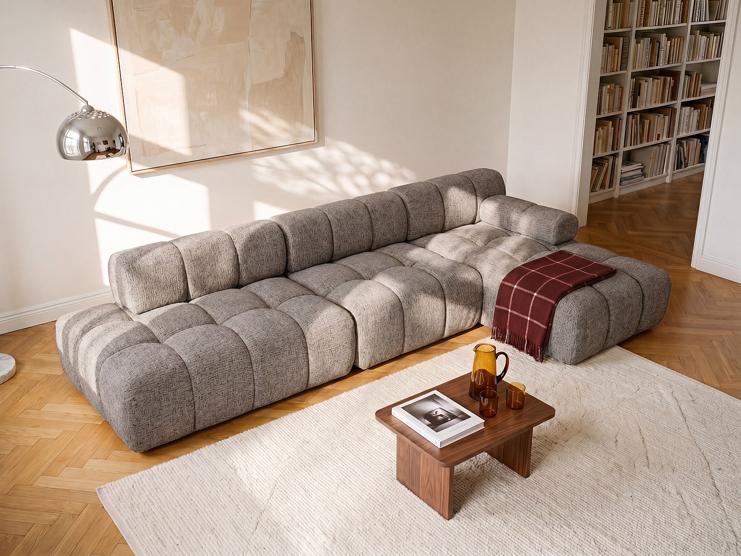Canapé d'angle droit ouvert modulable en tissu chiné taupe FACIVIL
