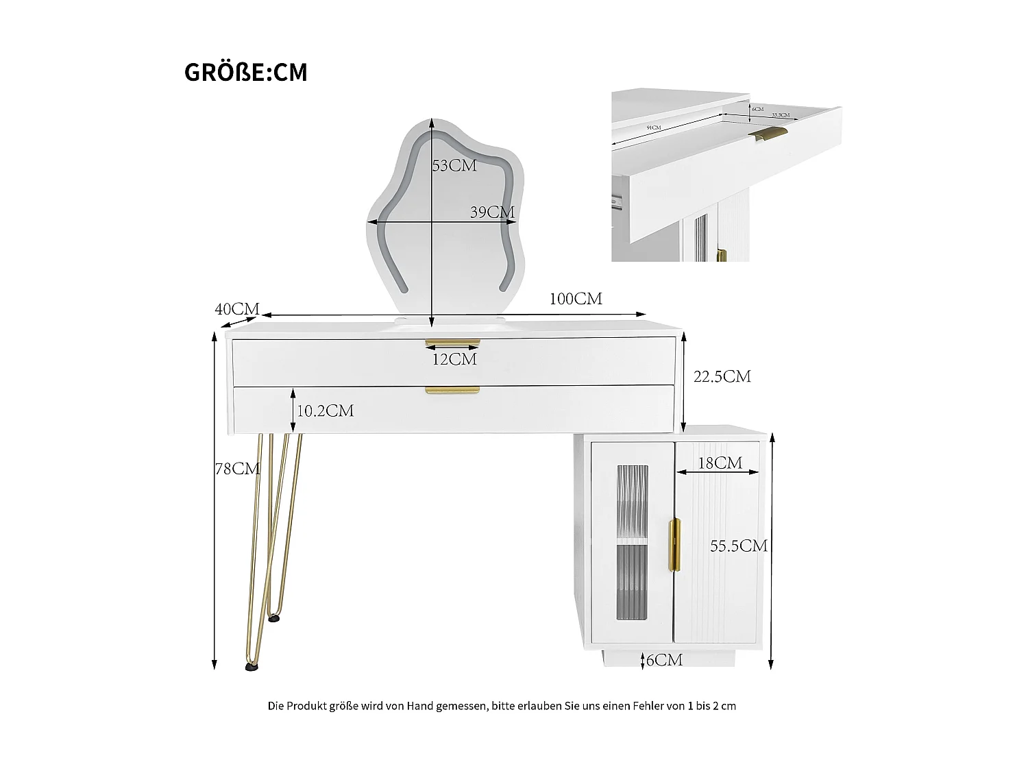 Schminktisch mit Spiegel und LED-Beleuchtung – 2 Schubladen und ein abnehmbarer Schrank – Weiß (Hocker nicht im Lieferumfang enthalten)