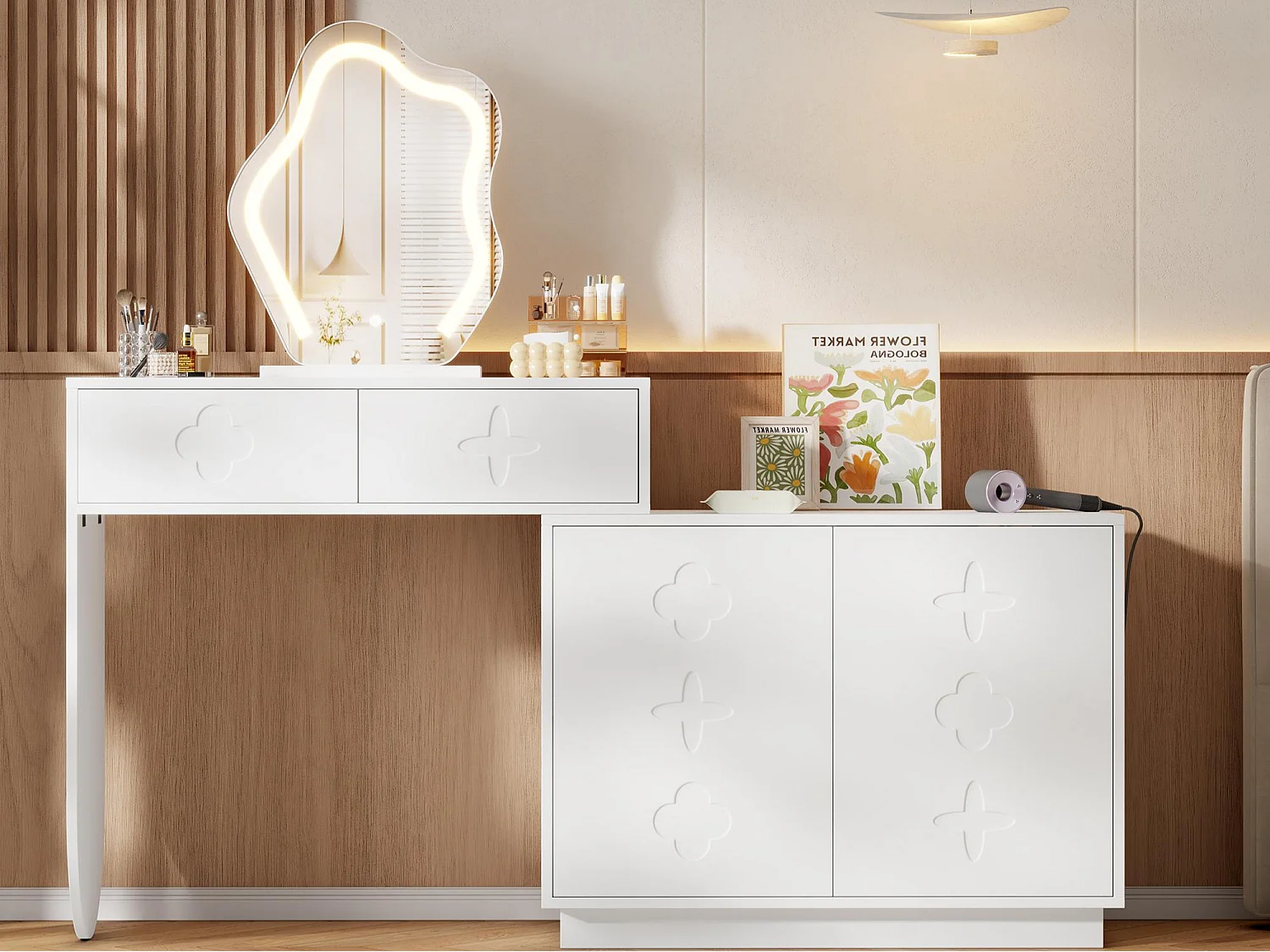 Schminktisch mit Spiegel 160x40x132cm - mit verstellbarer LED-Beleuchtung - mit 2 Schubladen und 2 Türen - Weiß