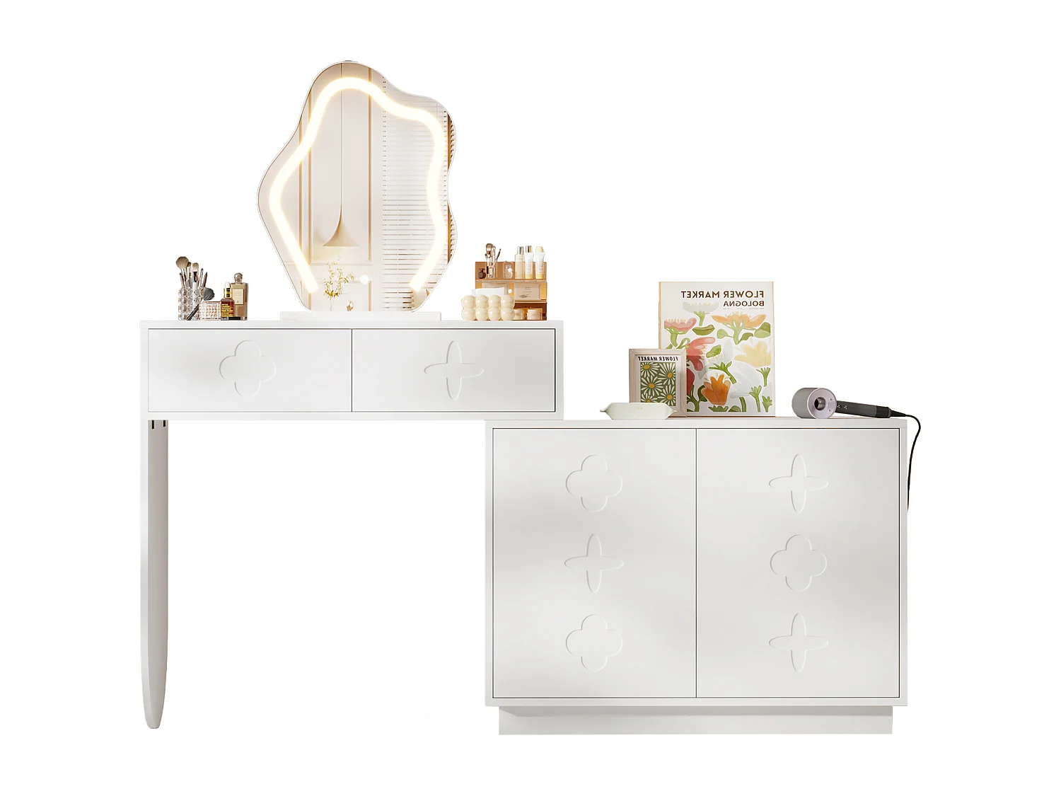 Schminktisch mit Spiegel 160x40x132cm - mit verstellbarer LED-Beleuchtung - mit 2 Schubladen und 2 Türen - Weiß