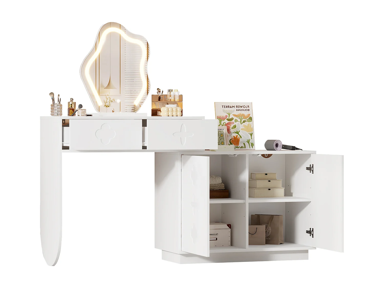 Schminktisch mit Spiegel 160x40x132cm - mit verstellbarer LED-Beleuchtung - mit 2 Schubladen und 2 Türen - Weiß