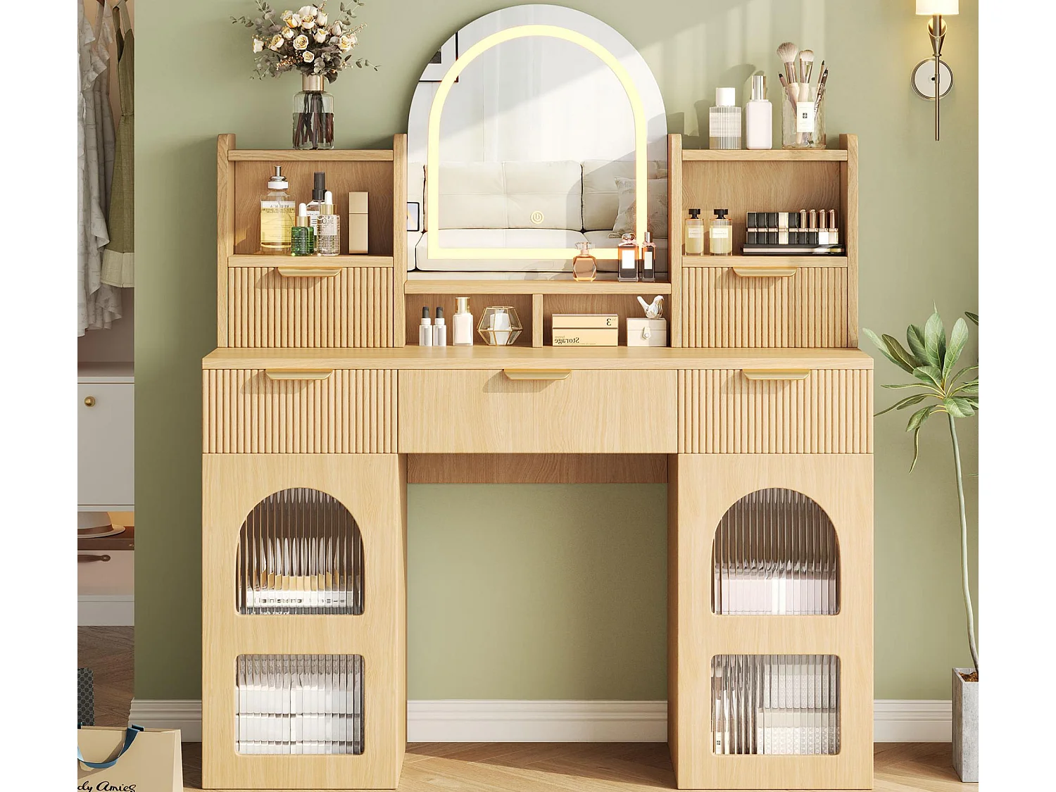 Schminktisch mit Spiegel 120x40x139,5cm - mit verstellbarer LED-Beleuchtung - mit 2 Schubladen und 2 Glastüren - offene Regale - Natur