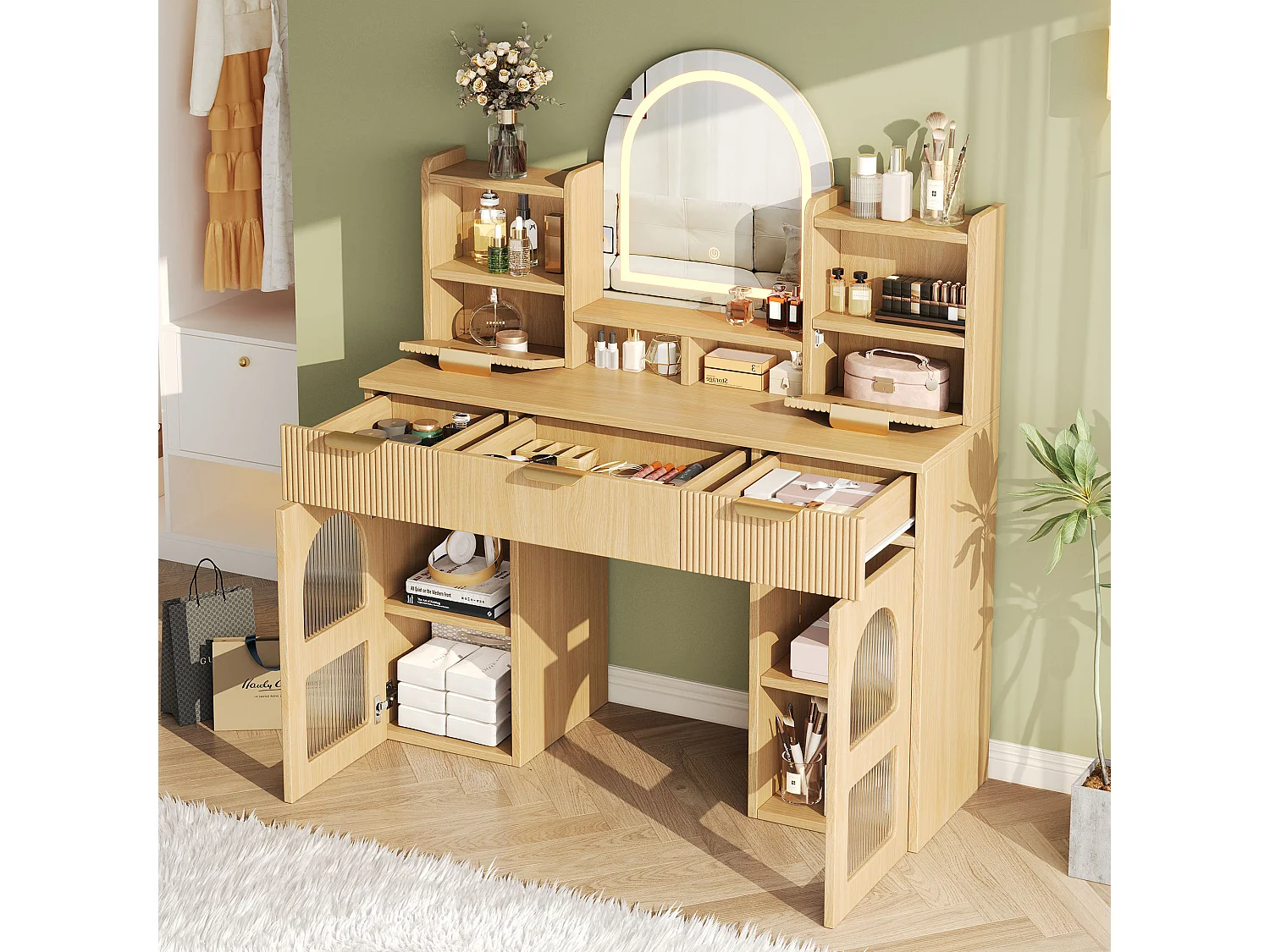 Schminktisch mit Spiegel 120x40x139,5cm - mit verstellbarer LED-Beleuchtung - mit 2 Schubladen und 2 Glastüren - offene Regale - Natur