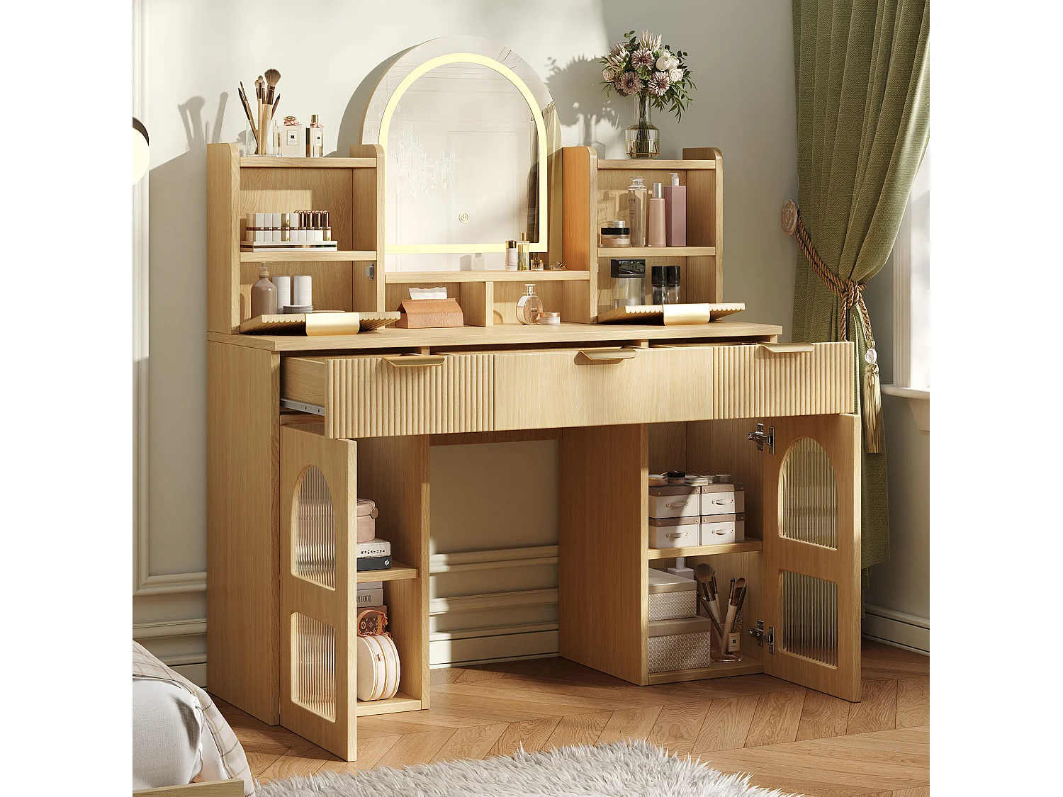Schminktisch mit Spiegel 120x40x139,5cm - mit verstellbarer LED-Beleuchtung - mit 2 Schubladen und 2 Glastüren - offene Regale - Natur