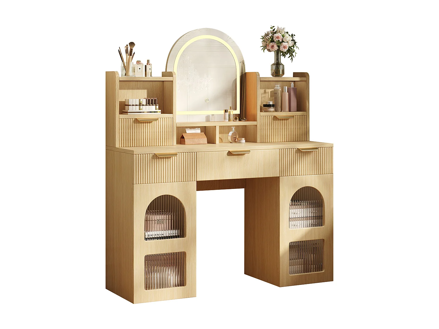 Schminktisch mit Spiegel 120x40x139,5cm - mit verstellbarer LED-Beleuchtung - mit 2 Schubladen und 2 Glastüren - offene Regale - Natur