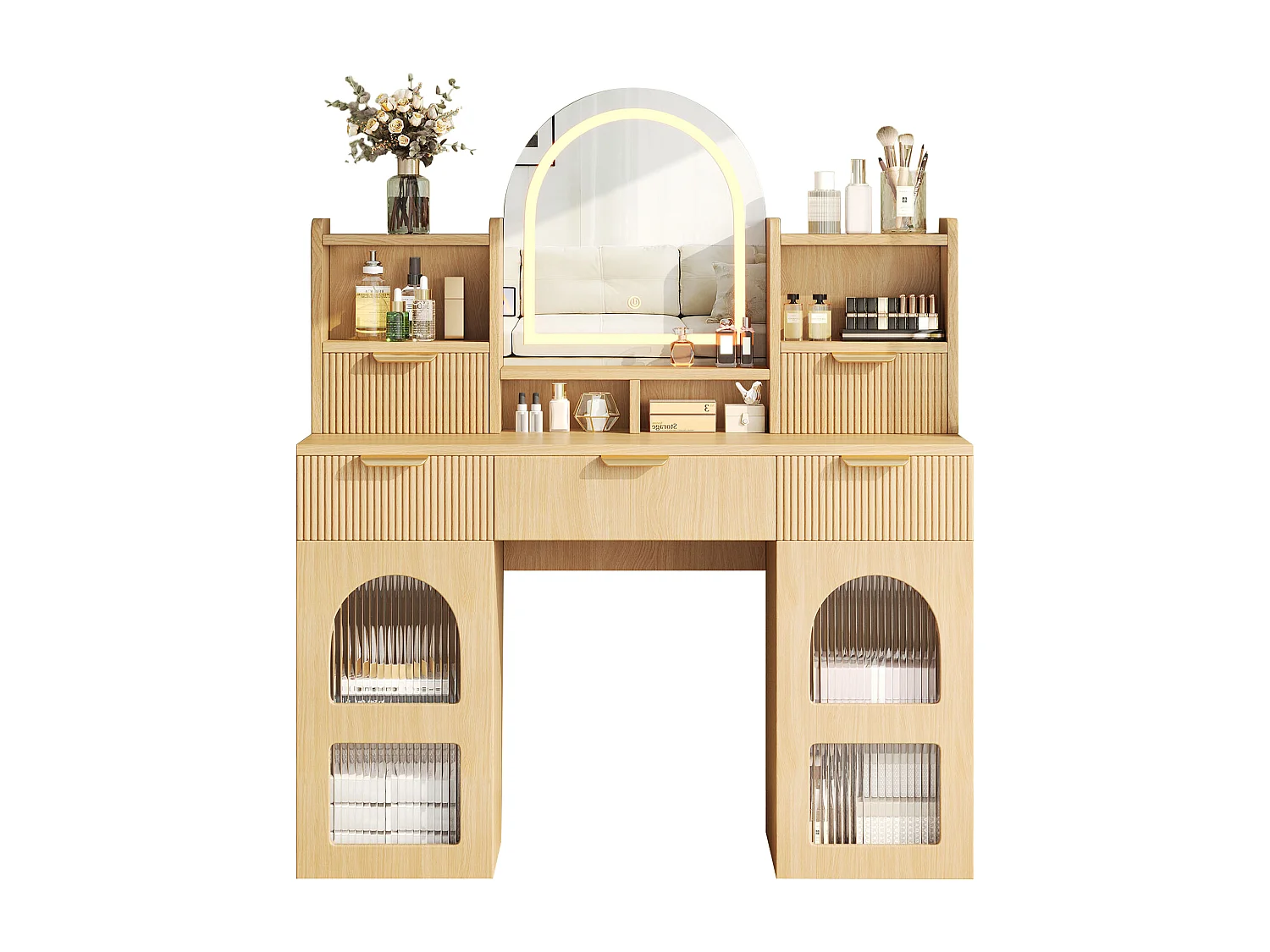 Schminktisch mit Spiegel 120x40x139,5cm - mit verstellbarer LED-Beleuchtung - mit 2 Schubladen und 2 Glastüren - offene Regale - Natur