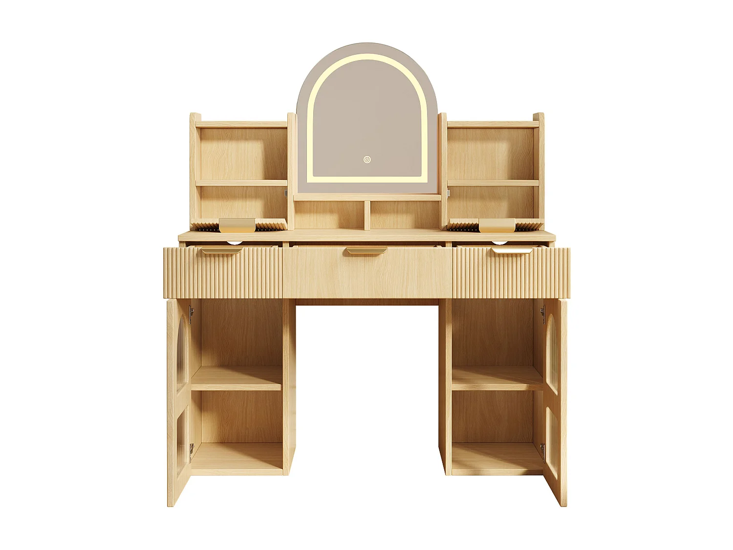 Schminktisch mit Spiegel 120x40x139,5cm - mit verstellbarer LED-Beleuchtung - mit 2 Schubladen und 2 Glastüren - offene Regale - Natur