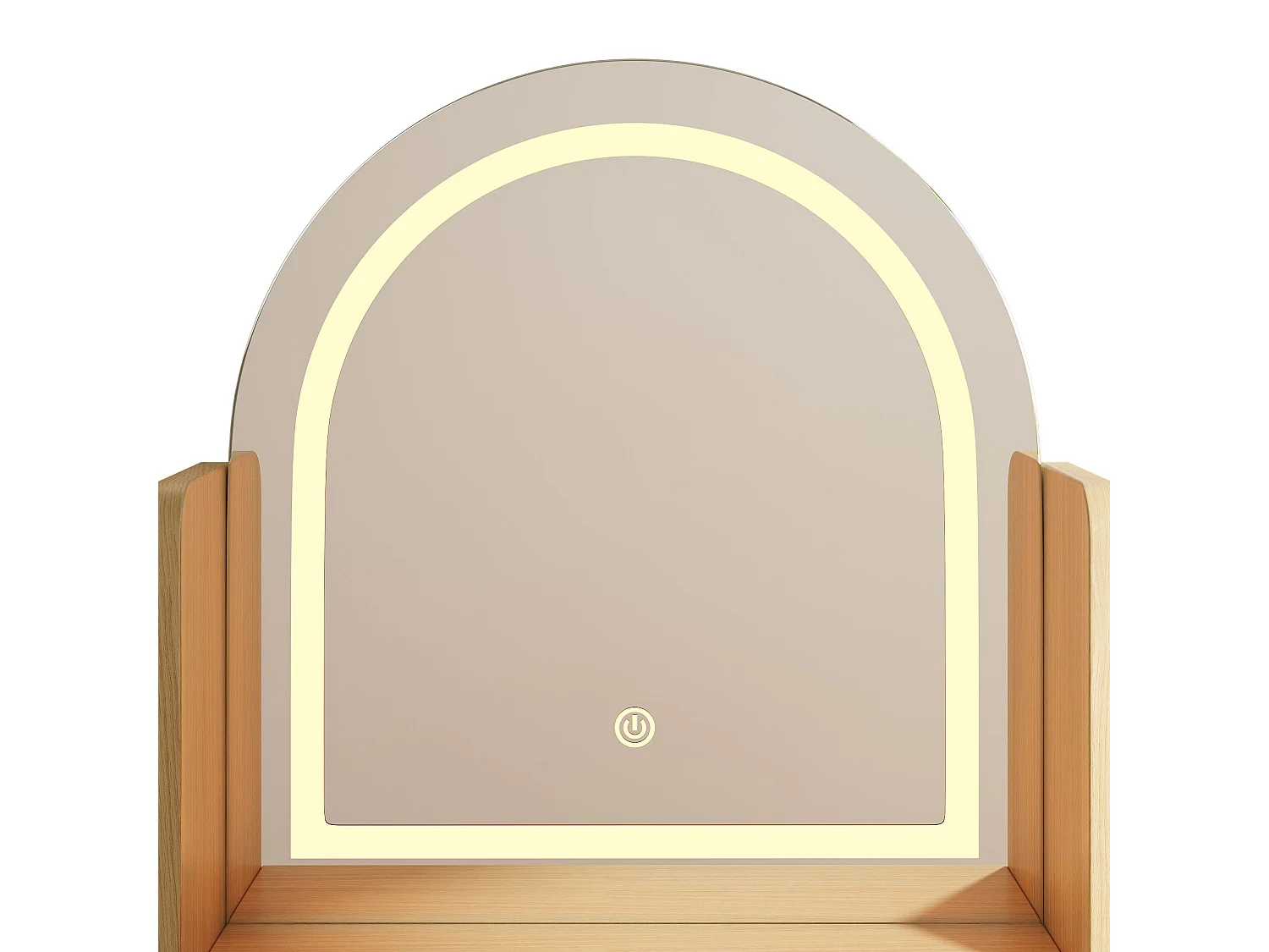 Schminktisch mit Spiegel 120x40x139,5cm - mit verstellbarer LED-Beleuchtung - mit 2 Schubladen und 2 Glastüren - offene Regale - Natur