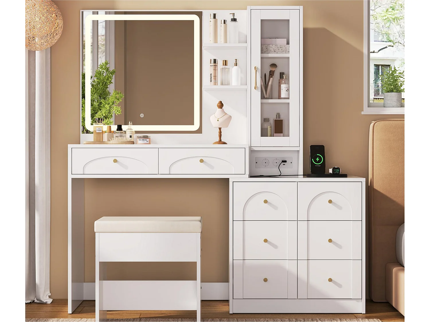 Schminktisch mit Spiegel 131,5x40x140cm - mit verstellbarer LED-Beleuchtung - mit 8 Schubladen und 1 Tür - mit USB-Ladeanschluss - mit 1 Hocker - Weiß
