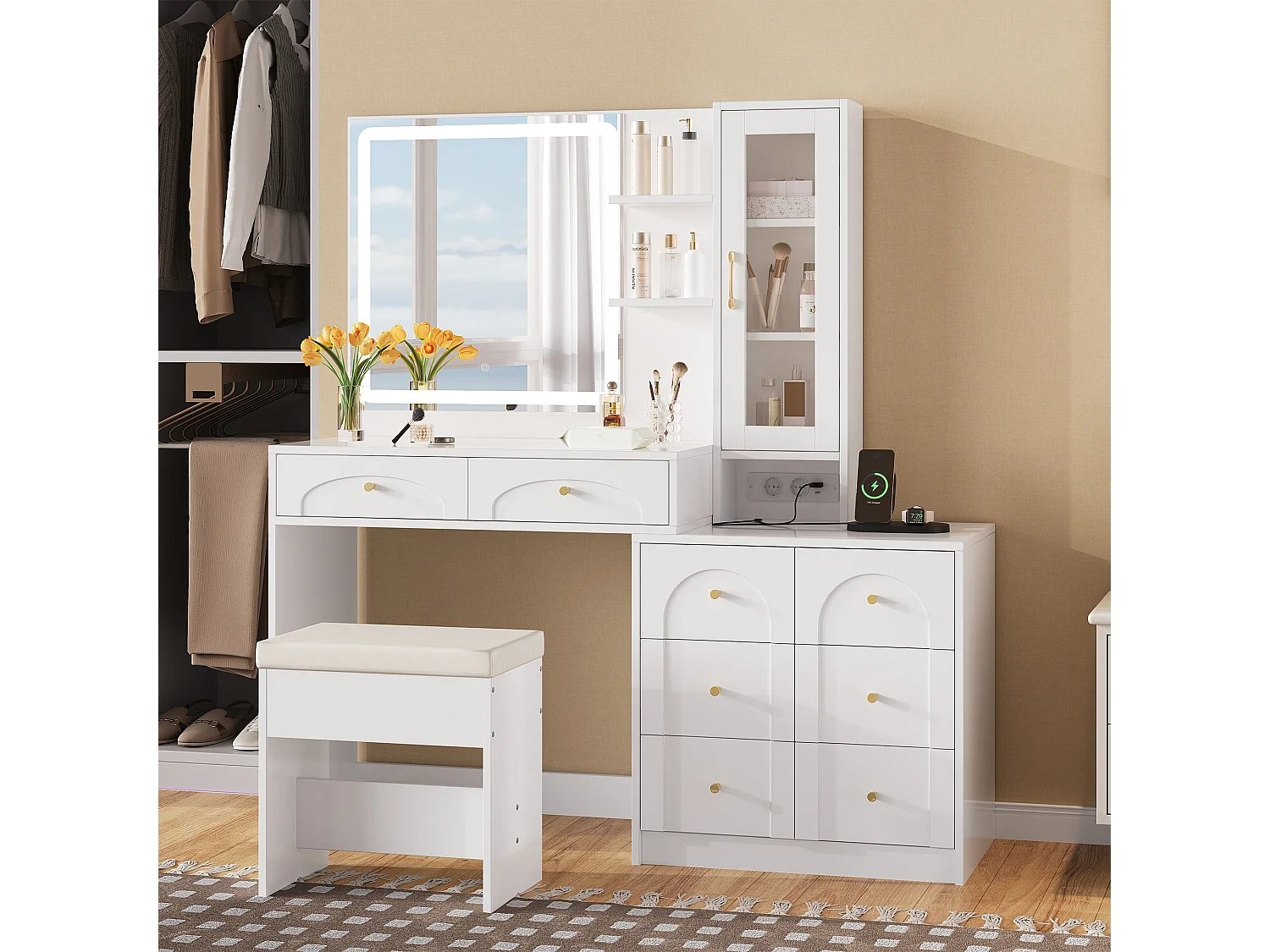 Schminktisch mit Spiegel 131,5x40x140cm - mit verstellbarer LED-Beleuchtung - mit 8 Schubladen und 1 Tür - mit USB-Ladeanschluss - mit 1 Hocker - Weiß