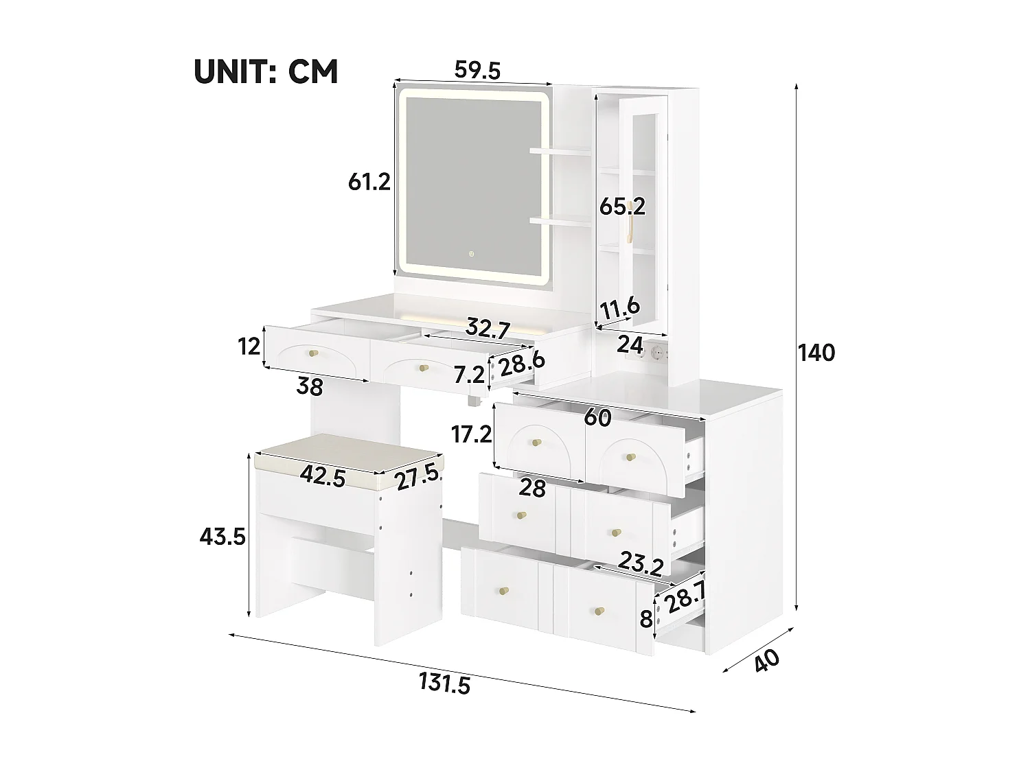 Schminktisch mit Spiegel 131,5x40x140cm - mit verstellbarer LED-Beleuchtung - mit 8 Schubladen und 1 Tür - mit USB-Ladeanschluss - mit 1 Hocker - Weiß