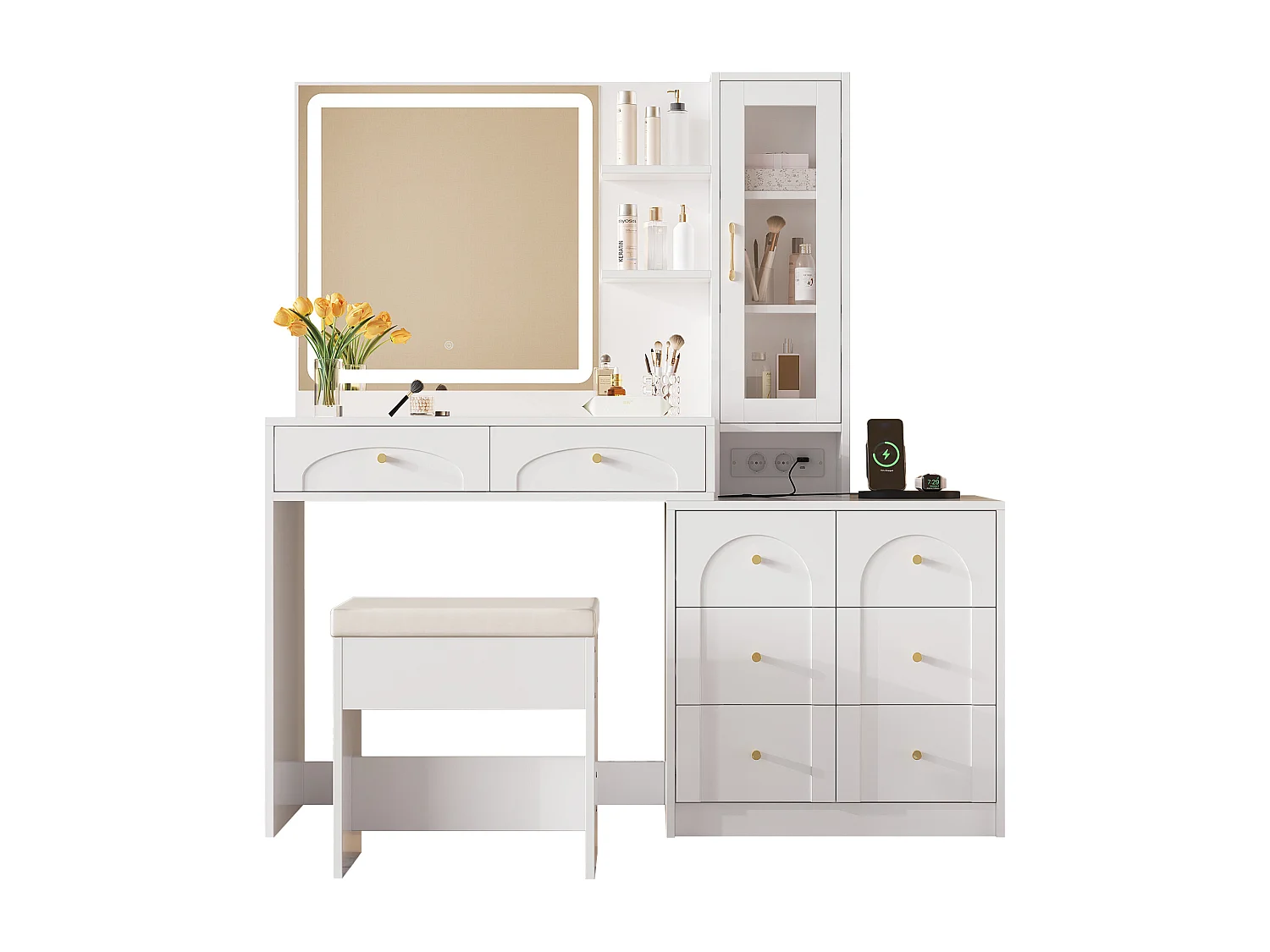 Schminktisch mit Spiegel 131,5x40x140cm - mit verstellbarer LED-Beleuchtung - mit 8 Schubladen und 1 Tür - mit USB-Ladeanschluss - mit 1 Hocker - Weiß