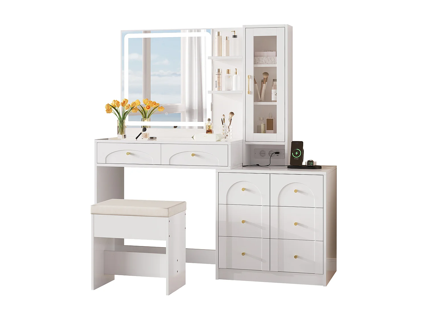 Schminktisch mit Spiegel 131,5x40x140cm - mit verstellbarer LED-Beleuchtung - mit 8 Schubladen und 1 Tür - mit USB-Ladeanschluss - mit 1 Hocker - Weiß