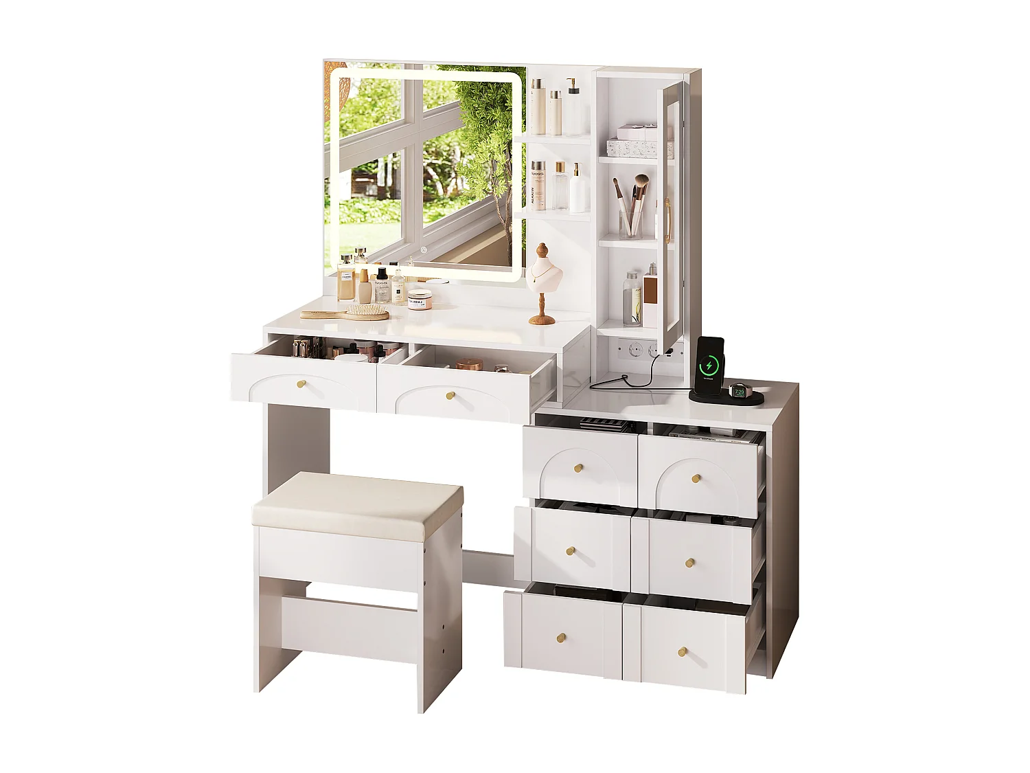 Schminktisch mit Spiegel 131,5x40x140cm - mit verstellbarer LED-Beleuchtung - mit 8 Schubladen und 1 Tür - mit USB-Ladeanschluss - mit 1 Hocker - Weiß