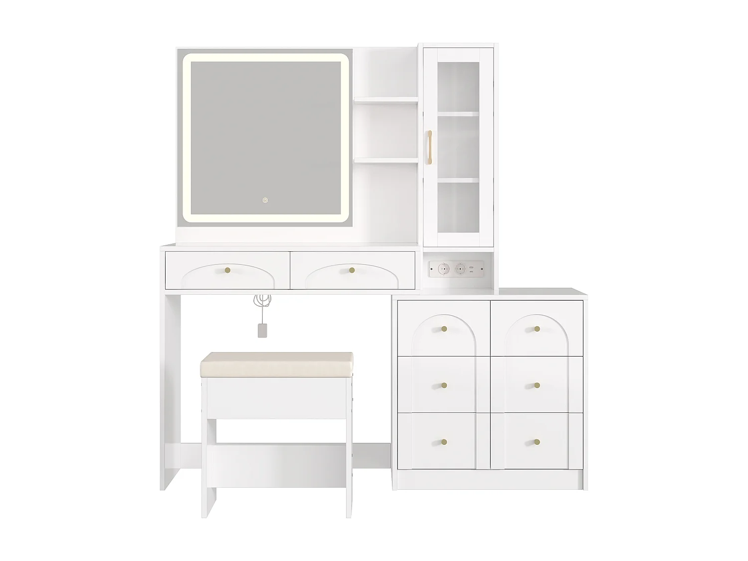 Schminktisch mit Spiegel 131,5x40x140cm - mit verstellbarer LED-Beleuchtung - mit 8 Schubladen und 1 Tür - mit USB-Ladeanschluss - mit 1 Hocker - Weiß