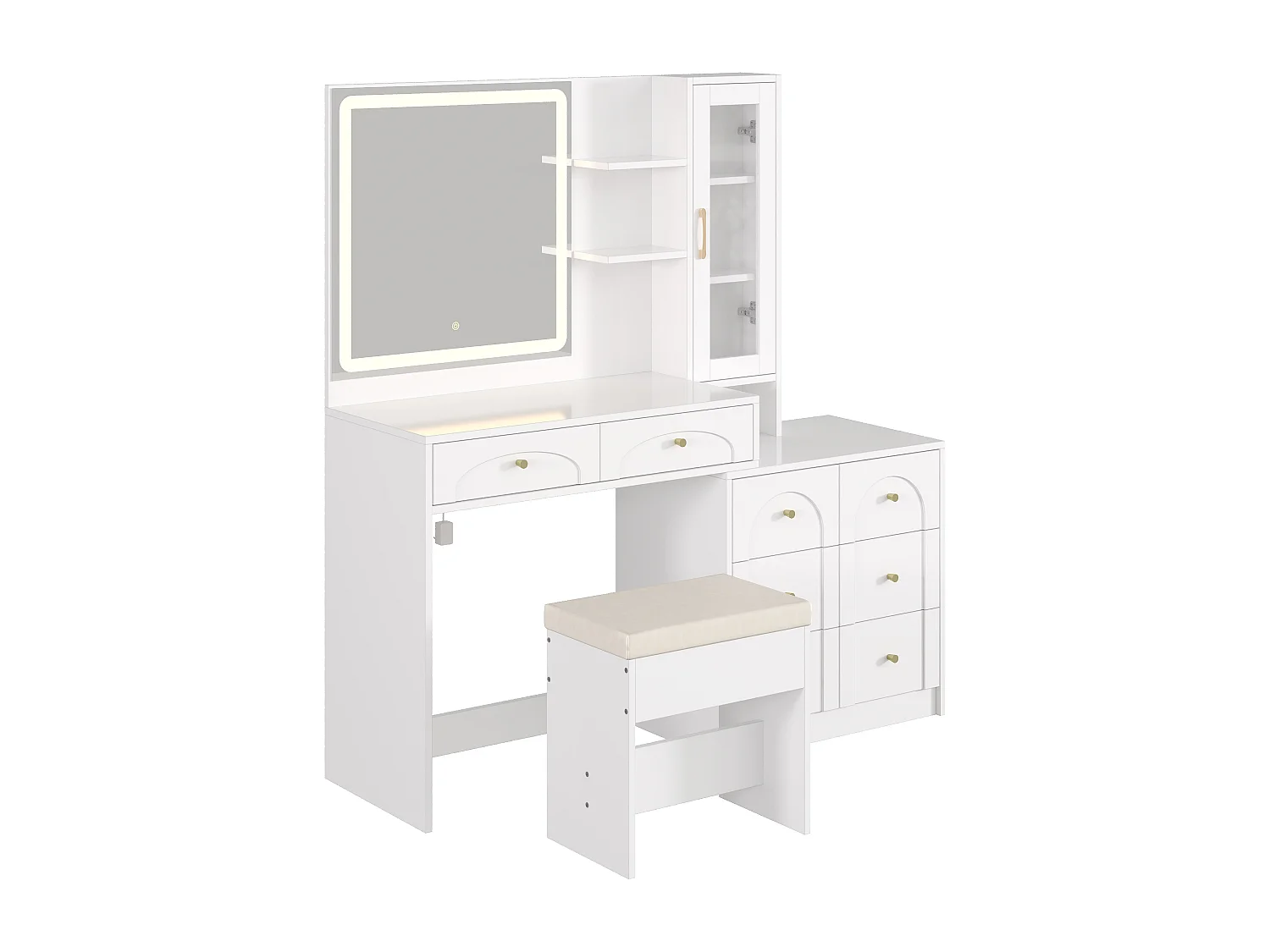 Schminktisch mit Spiegel 131,5x40x140cm - mit verstellbarer LED-Beleuchtung - mit 8 Schubladen und 1 Tür - mit USB-Ladeanschluss - mit 1 Hocker - Weiß