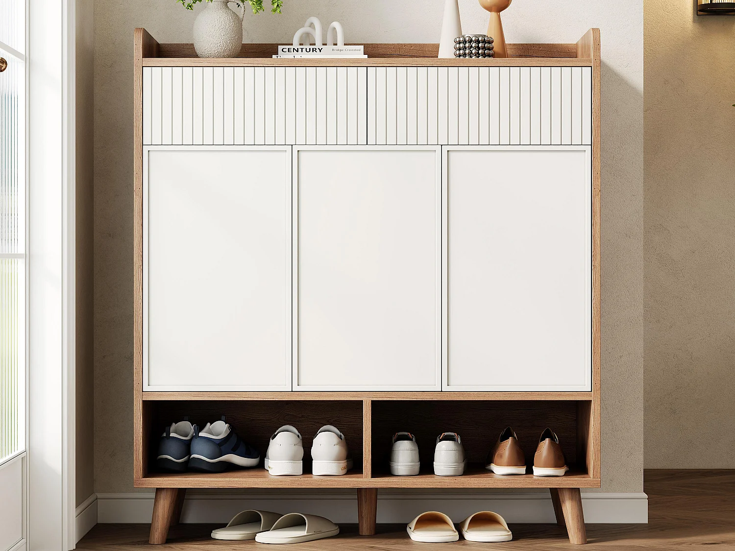 Meuble à chaussures 90x35x100cm - avec 2 tiroirs et 3 portes - avec des pieds de meuble en bois - Blanc + Naturel