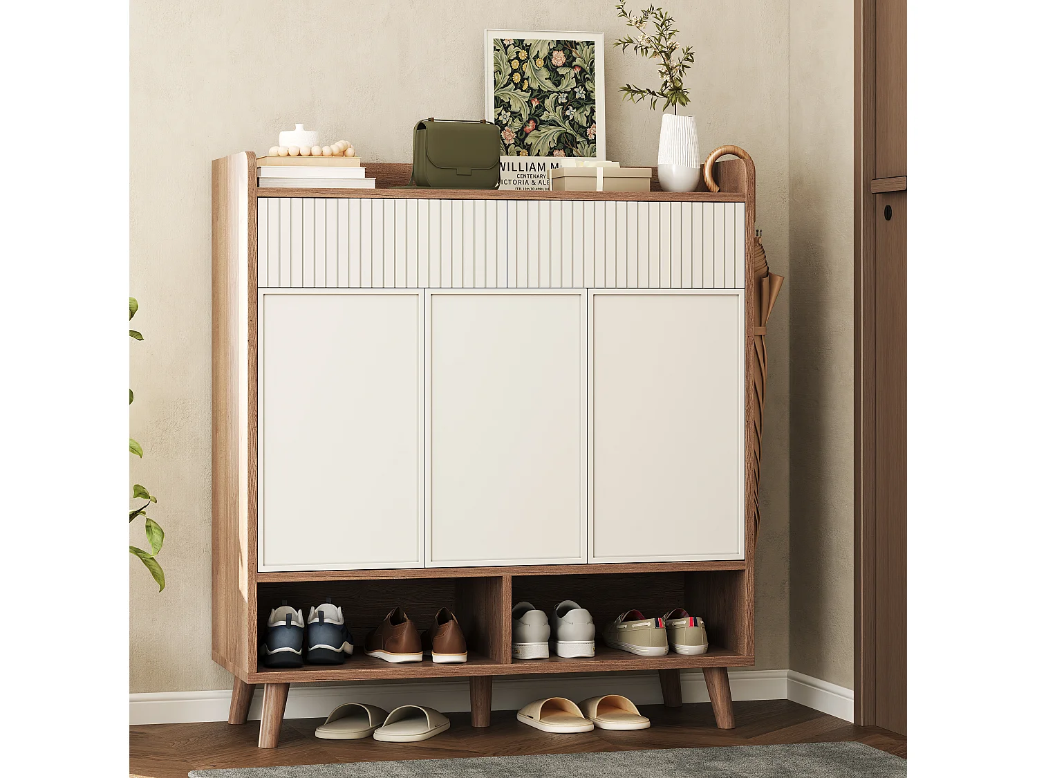 Meuble à chaussures 90x35x100cm - avec 2 tiroirs et 3 portes - avec des pieds de meuble en bois - Blanc + Naturel