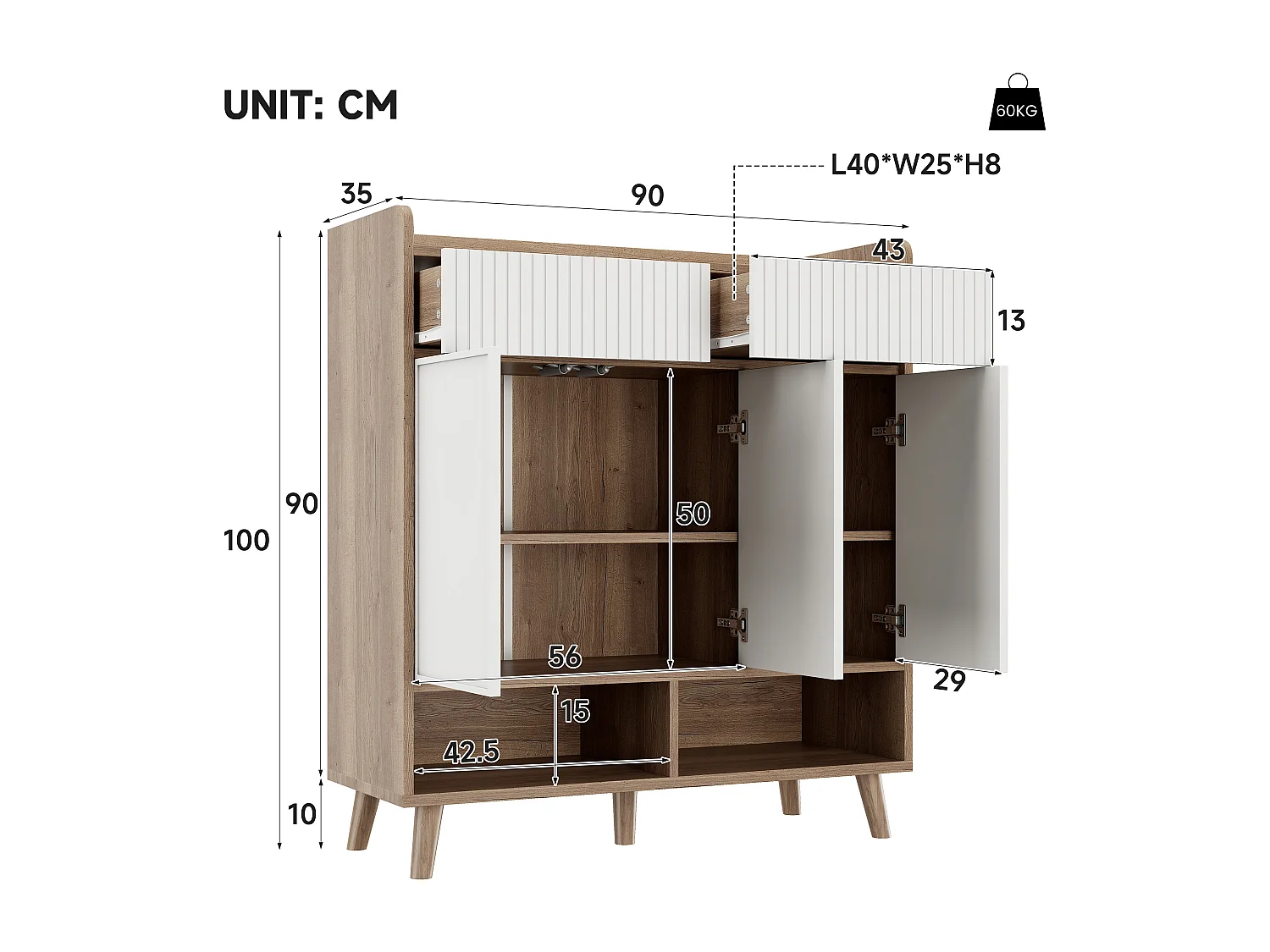 Meuble à chaussures 90x35x100cm - avec 2 tiroirs et 3 portes - avec des pieds de meuble en bois - Blanc + Naturel