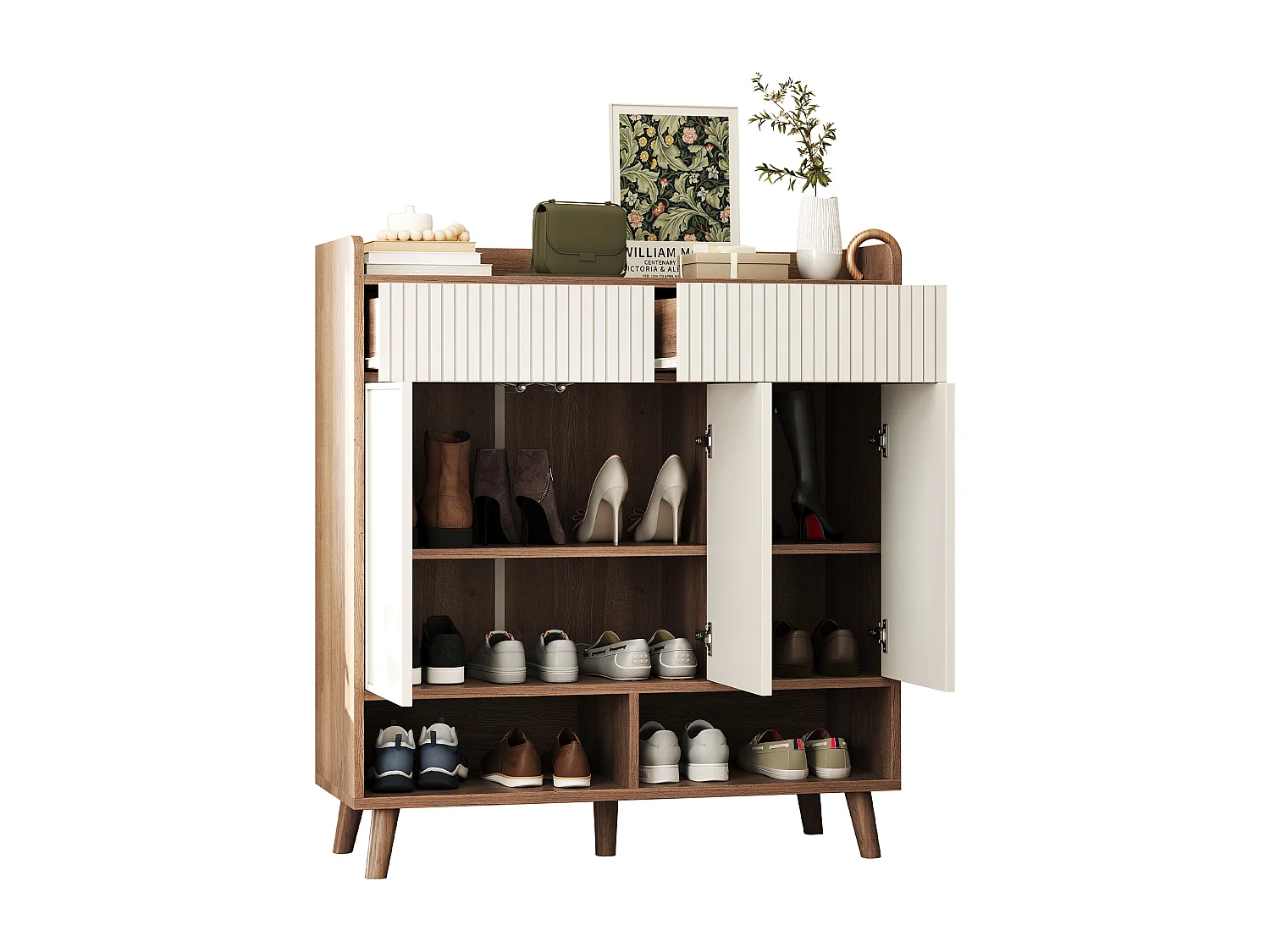 Meuble à chaussures 90x35x100cm - avec 2 tiroirs et 3 portes - avec des pieds de meuble en bois - Blanc + Naturel