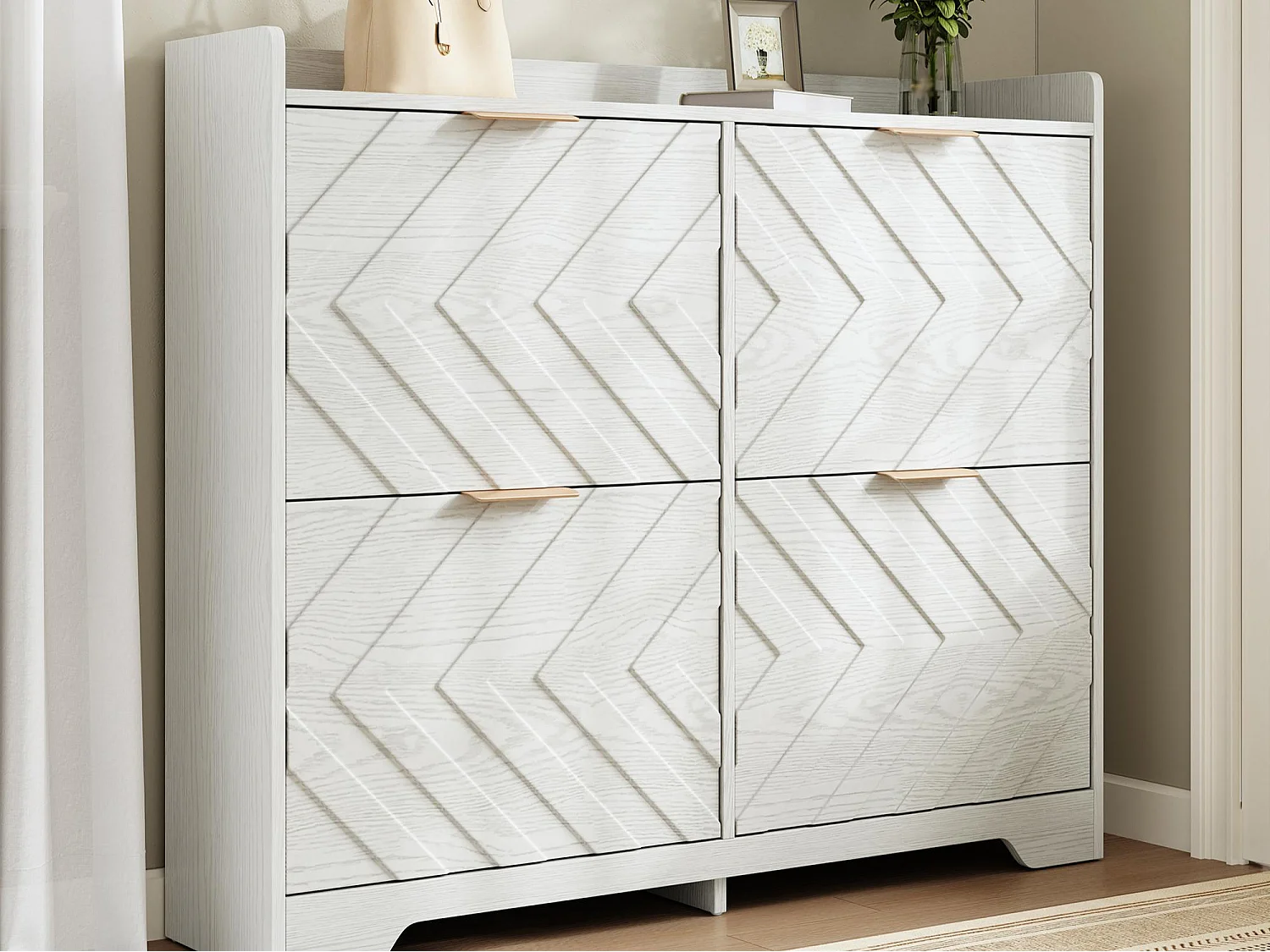 Meuble à chaussures 105x24x90 cm - avec 4 étagères rabattables - panneaux texturés 3D - étagère supérieure - MDF - Blanc