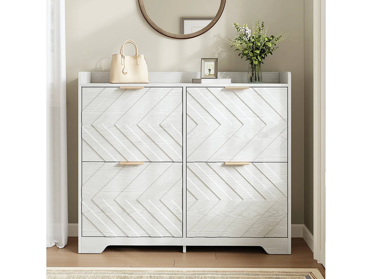 Meuble à chaussures 105x24x90 cm - avec 4 étagères rabattables - panneaux texturés 3D - étagère supérieure - MDF - Blanc