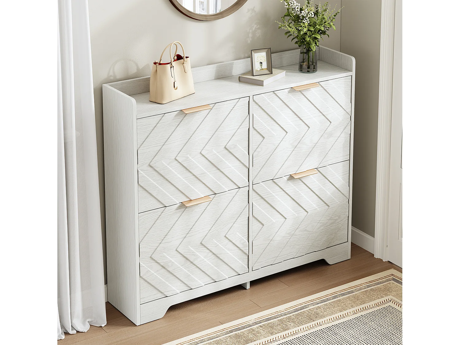 Meuble à chaussures 105x24x90 cm - avec 4 étagères rabattables - panneaux texturés 3D - étagère supérieure - MDF - Blanc