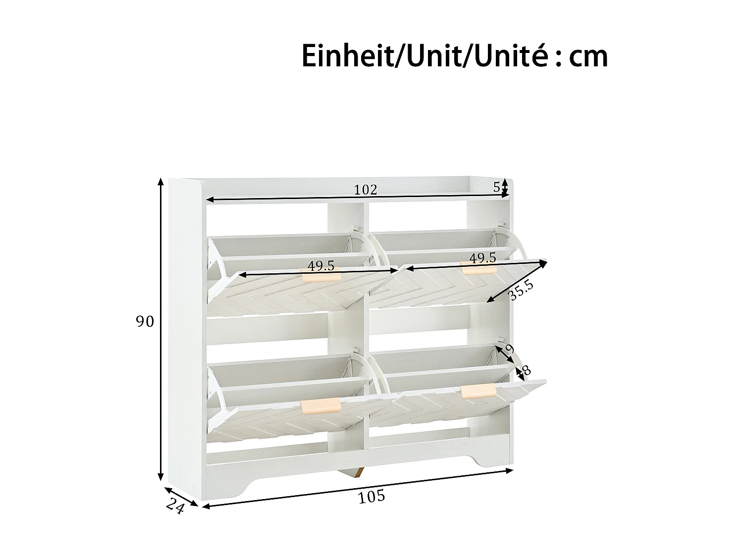 Meuble à chaussures 105x24x90 cm - avec 4 étagères rabattables - panneaux texturés 3D - étagère supérieure - MDF - Blanc