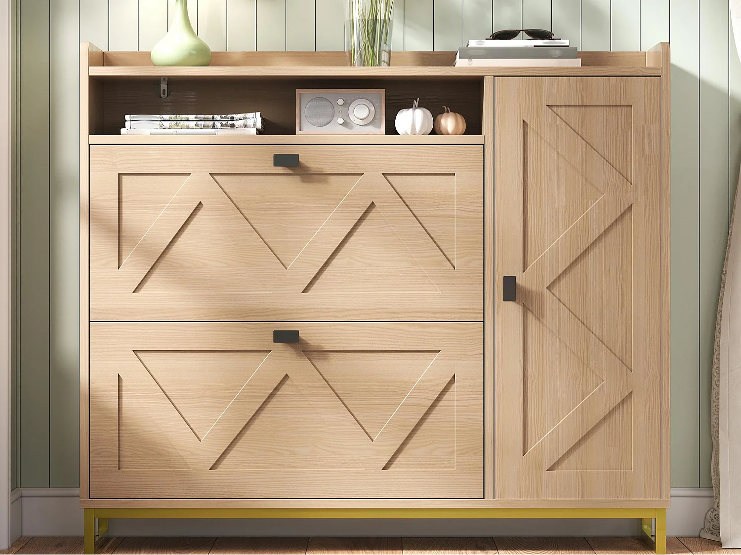 Meuble à chaussures 110x24x100 cm - 2 portes abattantes et 1 porte latérale - Étagères ouvertes - Structure métallique - Naturel