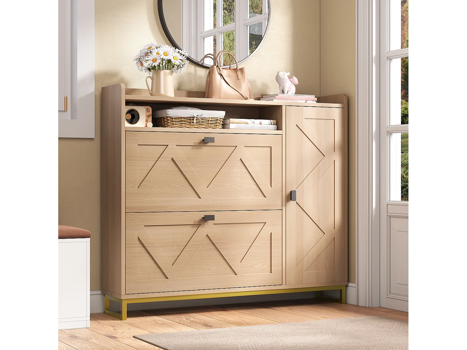 Meuble à chaussures 110x24x100 cm - 2 portes abattantes et 1 porte latérale - Étagères ouvertes - Structure métallique - Naturel