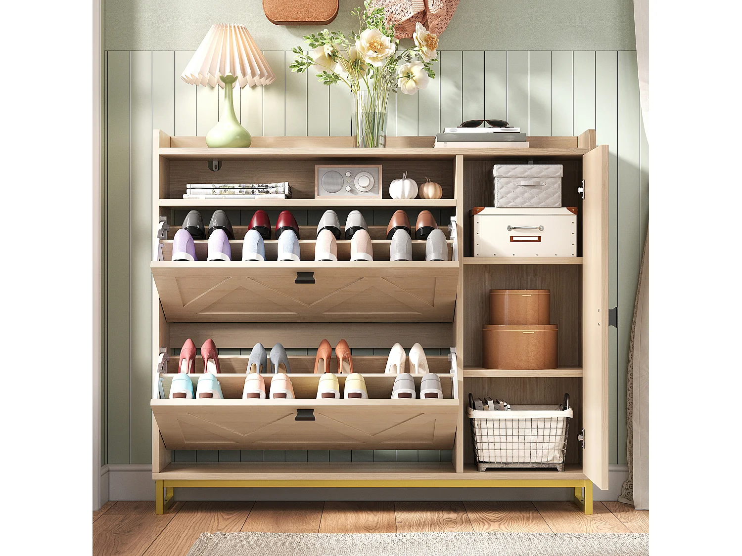 Meuble à chaussures 110x24x100 cm - 2 portes abattantes et 1 porte latérale - Étagères ouvertes - Structure métallique - Naturel