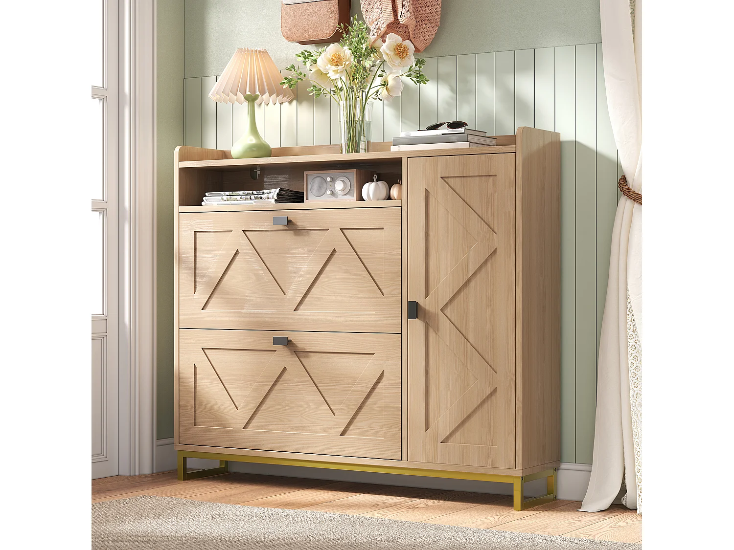 Meuble à chaussures 110x24x100 cm - 2 portes abattantes et 1 porte latérale - Étagères ouvertes - Structure métallique - Naturel